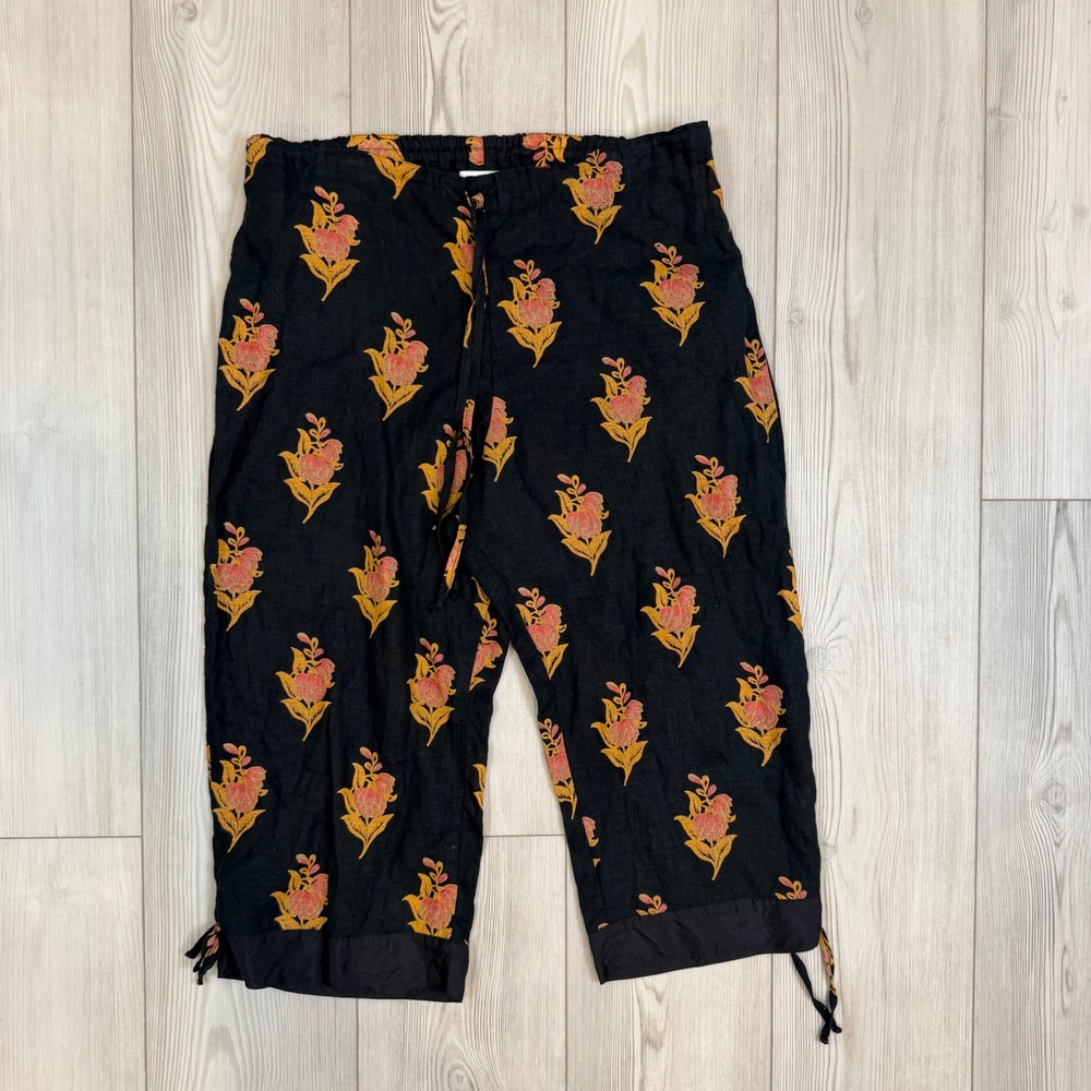 Vintage Solitaire Black Floral Linen Cropped Pants Silk Trim Drawstring Medium